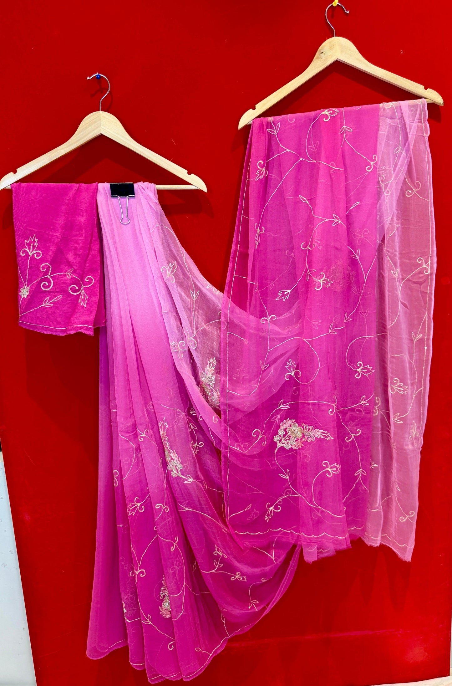 Pink Ombre Diamond Chiffon Saree