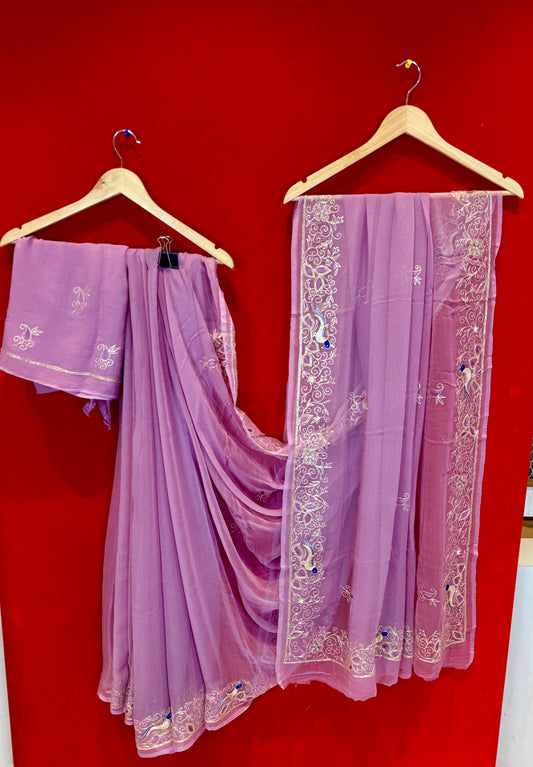 Lavender Peacock Chiffon Saree