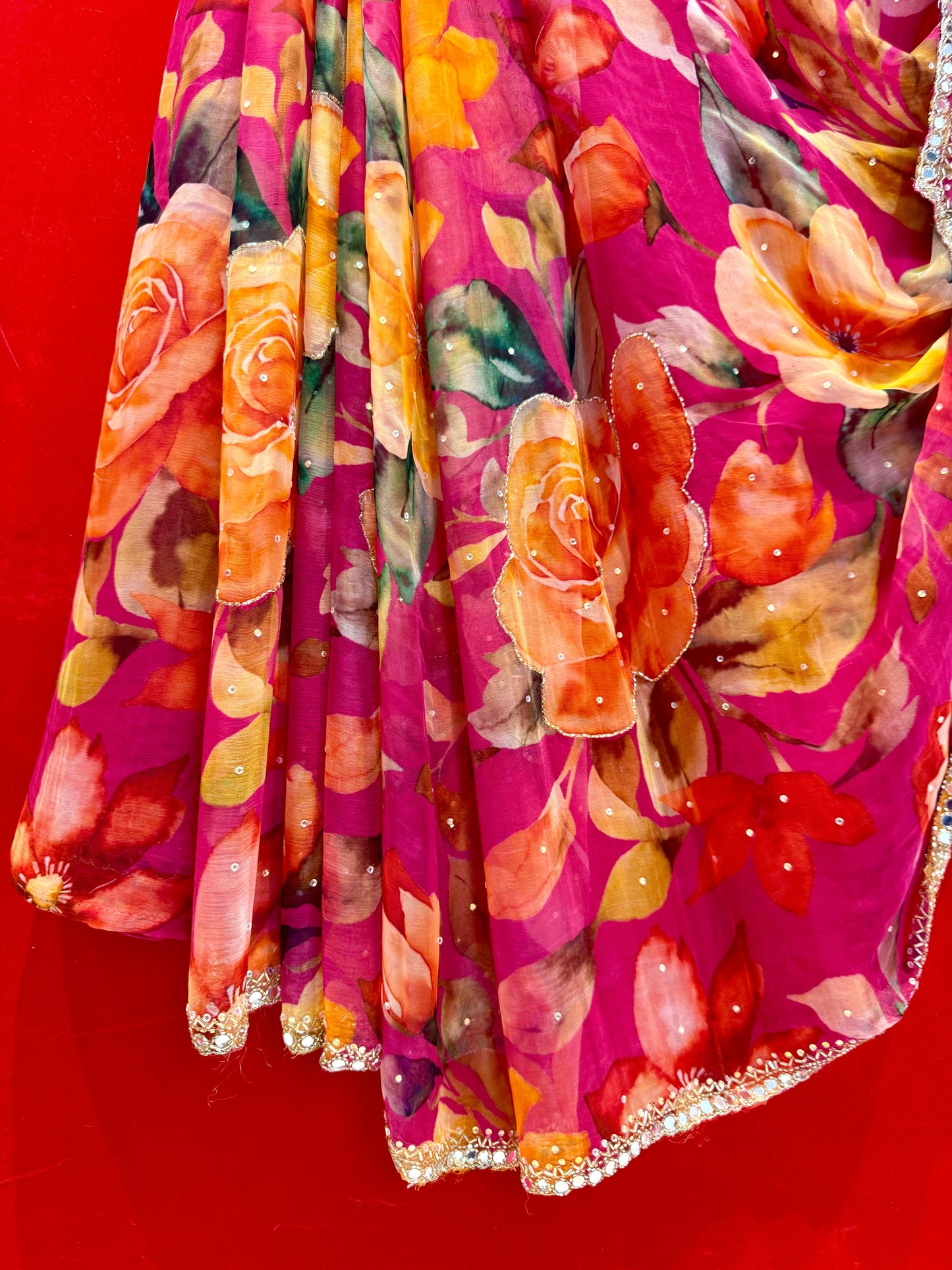 Magenta Printed Chiffon Saree with handwork