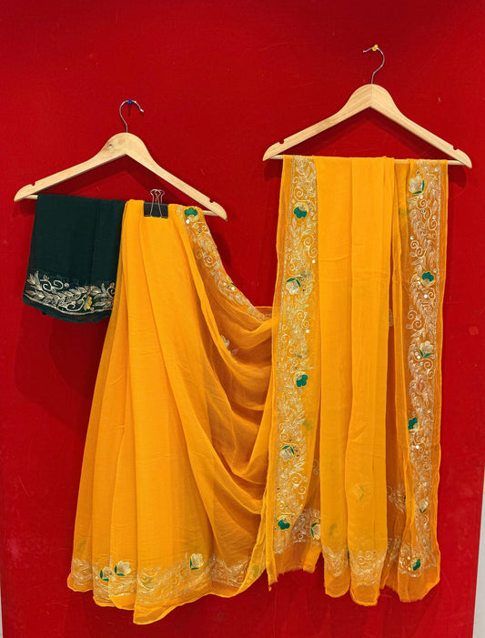 Yellow Peacock Chiffon Saree