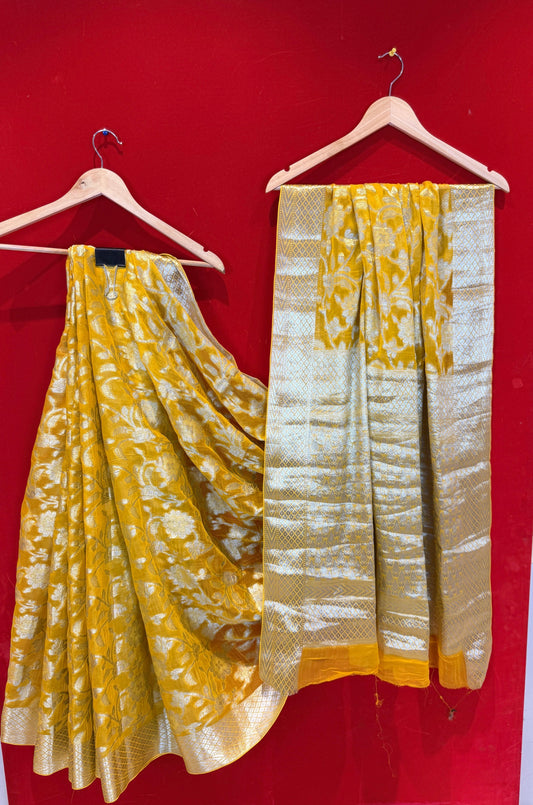 Yellow Georgette Chiffon Zari Saree