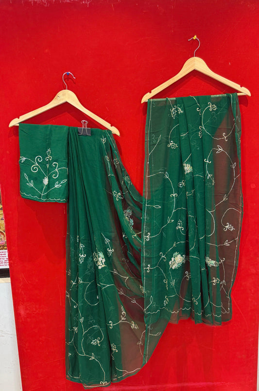 Bottle Green Diamond Chiffon Zaal  Saree