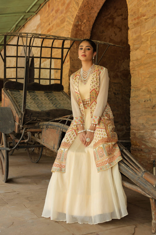 Cream Embroidered Premium Silk Lehenga Set