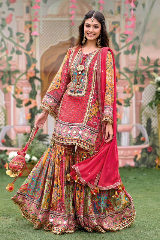 RED Traditional Printed Crepe Silk Sharara Set